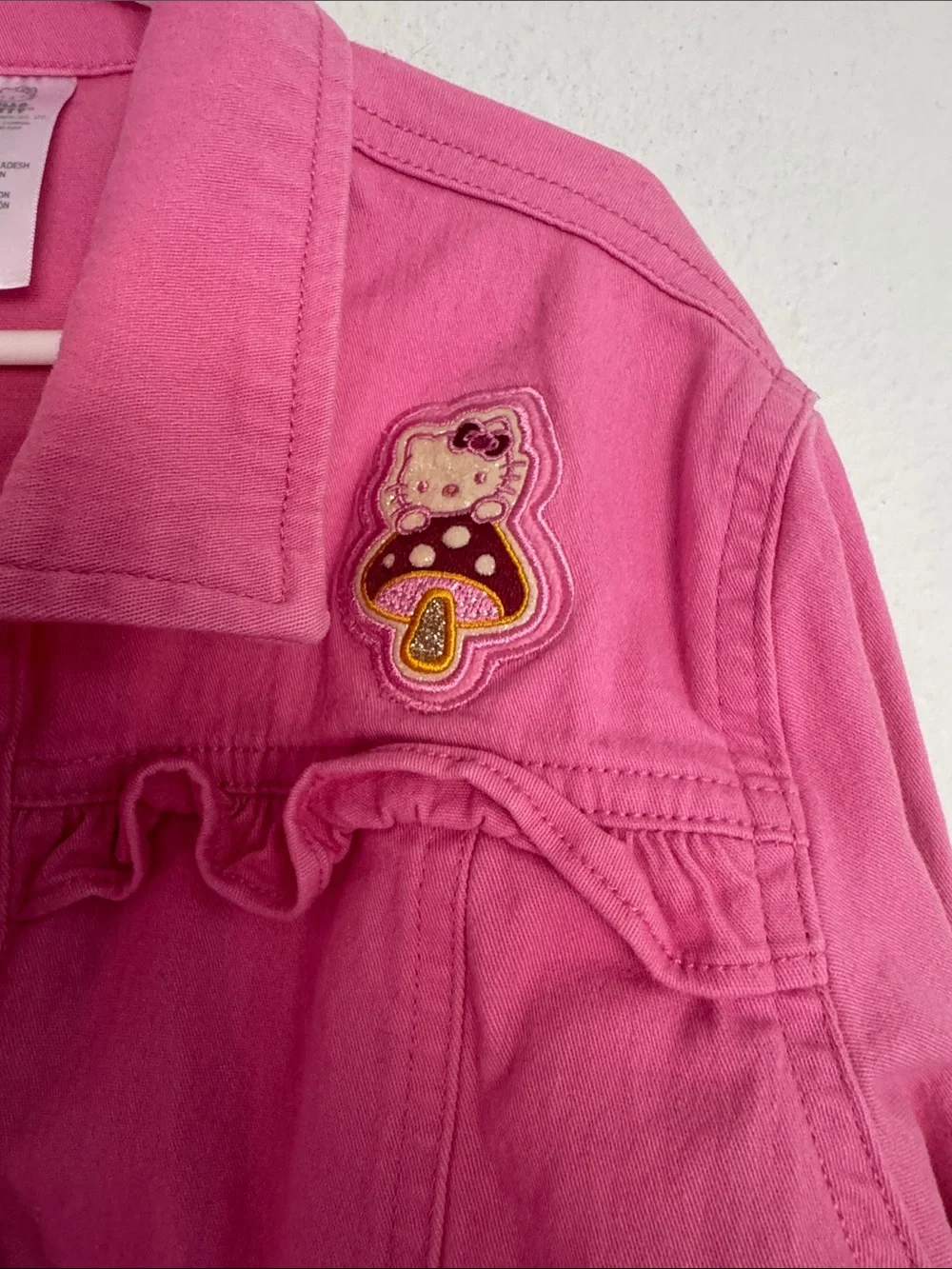 Girls' Pink Hellp Kitty Denim Jacket with Ruffle Trim